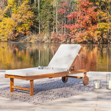 Seabrook Outdoor Acacia Wood Lounger with Cushion, 5-Position Back, Slide Table & Wheels - JONATHAN Y